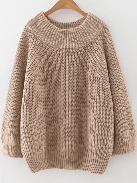 Khaki Ribbed Trim Round Neck Raglan Sleeve Sweater