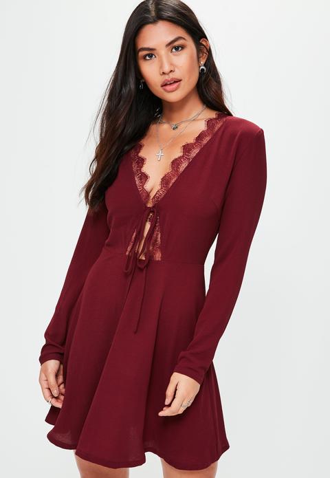 Burgundy Lace Trim Tea Dress