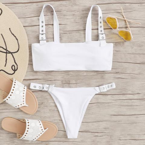 Bikini De Pierna Alta Con Hebilla De Ojal