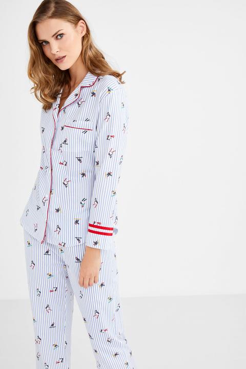 Pijama Largo Camisero Rayas Y Pingüinos