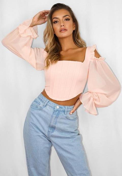 Blush Chiffon Cold Shoulder Corset Crop Top, Pink