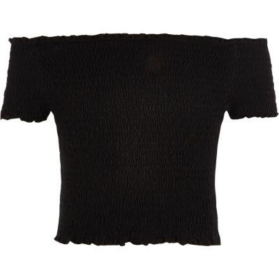 Girls Black Shirred Bardot Top