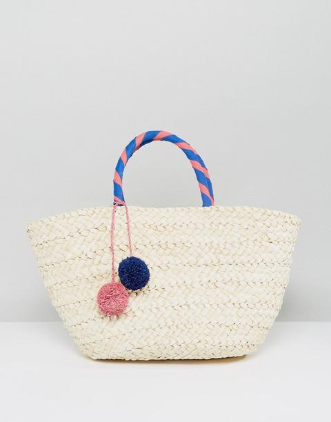 South Beach - Borsa Da Spiaggia In Paglia Con Manico Rivestito E Pompon - Beige