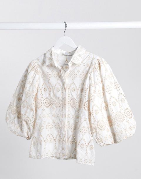 Topshop Embroidered Balloon Sleeve Shirt In White