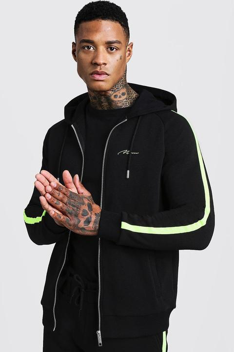 Man Signature Zip Through Hoodie With Neon Tape