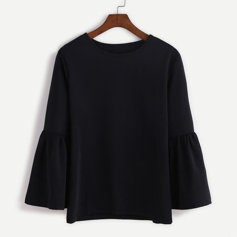 Blusa Con Cuello Redondo De Manga Acmpanada - Negro