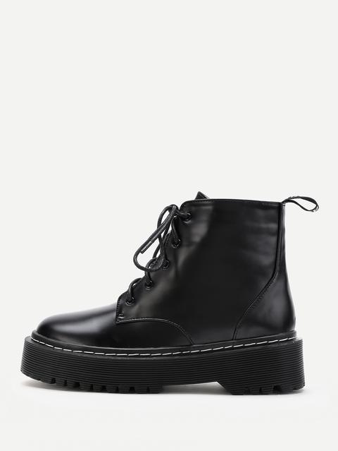 Pu Lace Up Rubber Sole Short Boots