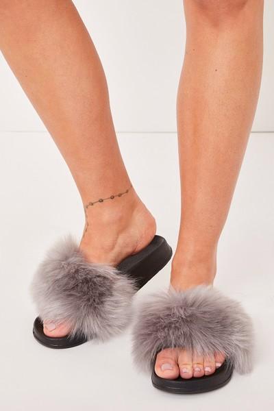 Alexander Grey Faux Fur Sliders