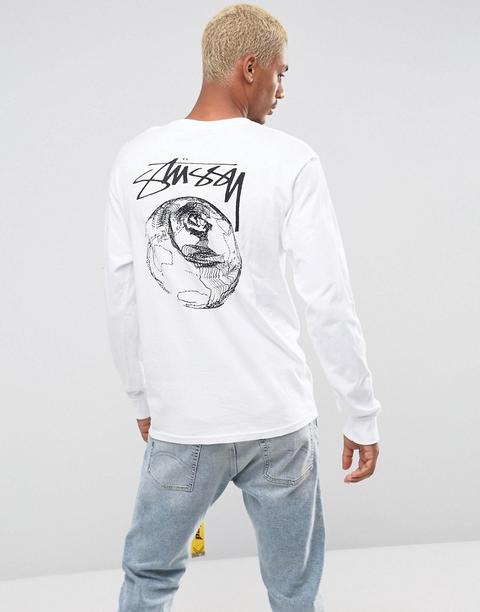 Stussy - Maglia Bianca A Maniche Lunghe Con Stampa Di Mondo Sul Retro - Bianco