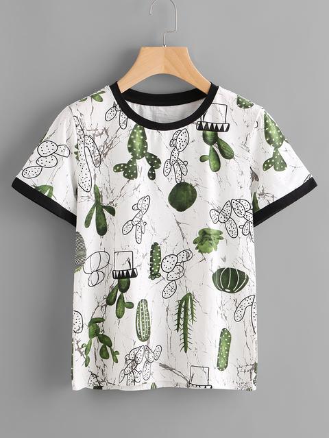 Cactus And Marble Print Ringer Tee