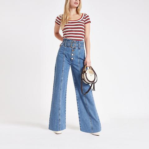 Mid Blue Belted Wide Leg Denim Jeans from River Island on 21 Buttons