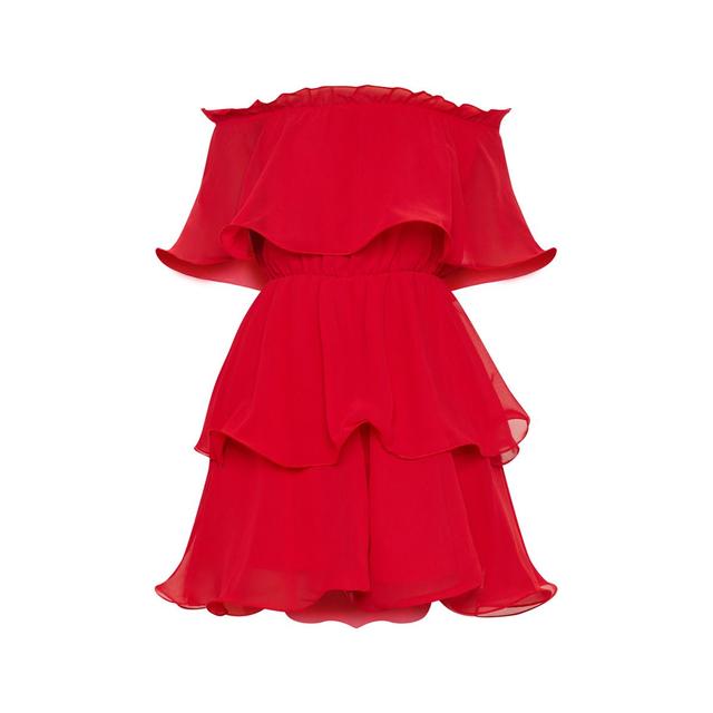 Red Floral Print Chiffon Bardot Ruffle