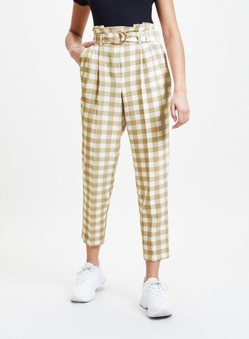 Womens Beige Gingham Paperbag Trousers, Tan