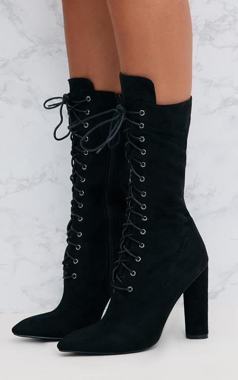 Black Lace Up Pointed Heeled Boots