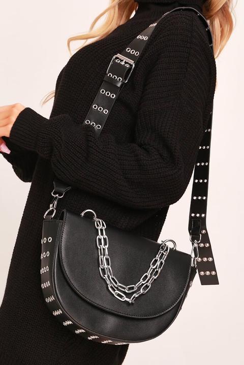 Black Eyelet Starp And Chain Detail Bag