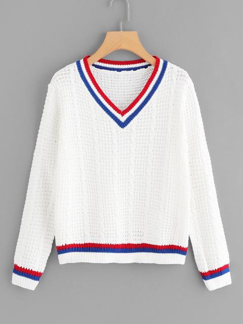 V Neckline Striped Cable Knit Sweater