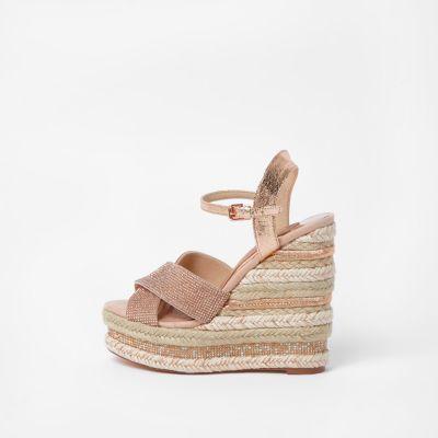 Light Pink Metallic Diamante Wedge Sandals