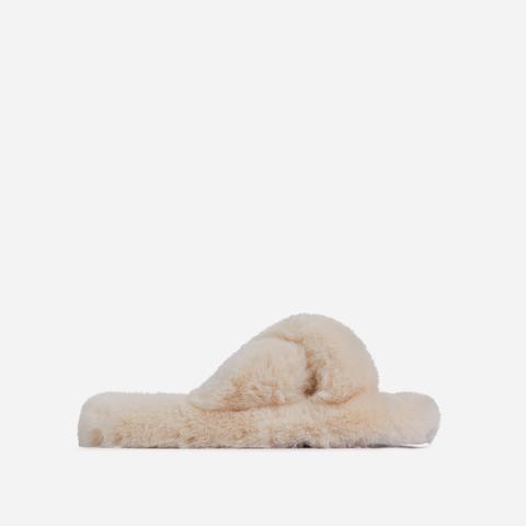 Nero Fluffy Cross Strap Slipper In Nude Faux Fur, Nude