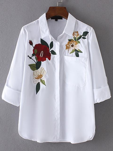 Roll-up Sleeve Embroidery Blouse With Pocket