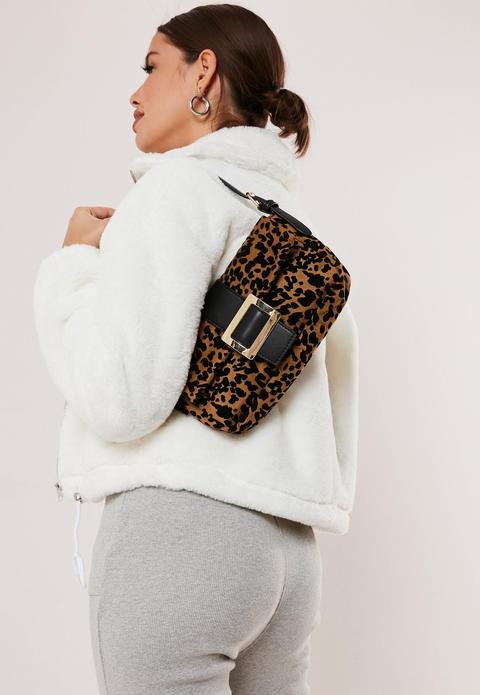 Brown Leopard Print Buckle Detail Shoulder Bag