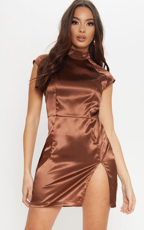 Chocolate Brown Satin High Neck Split Dress