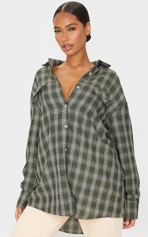 Forest Green Woven Checked Pocket Detail Oversized Shirt