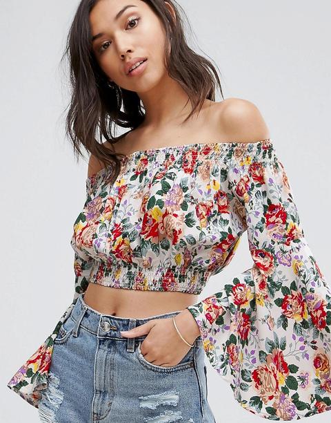 Boohoo - Top Con Scollo Bardot E Maniche Svasate A Fiori - Multicolore