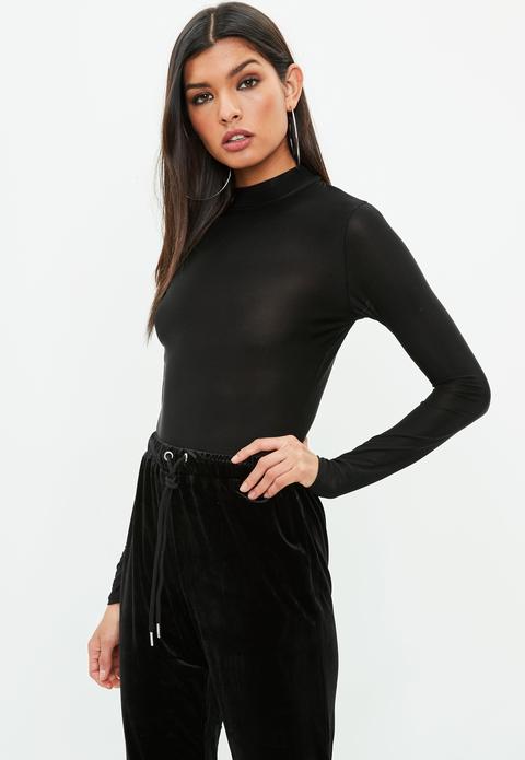 Black Long Sleeve Slinky Roll Neck Bodysuit