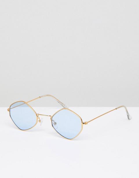 Asos Design Diamond Frame Sunglasses In Gold With Blue Lens - Gold