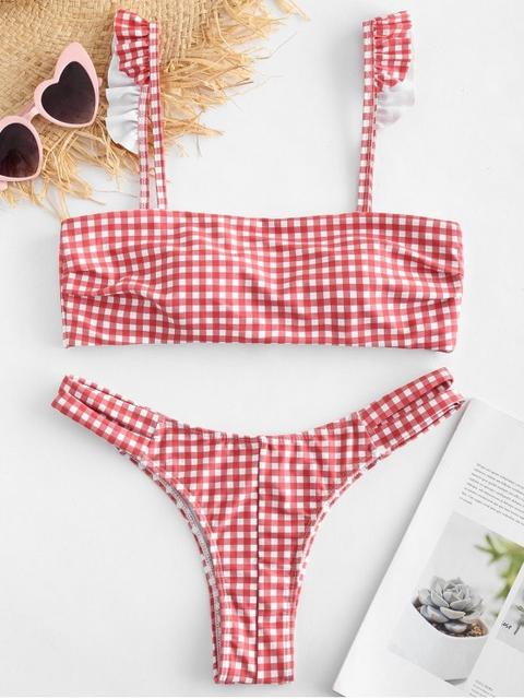 Zaful Bikini Con Recorte De Volantes A Cuadros Multi