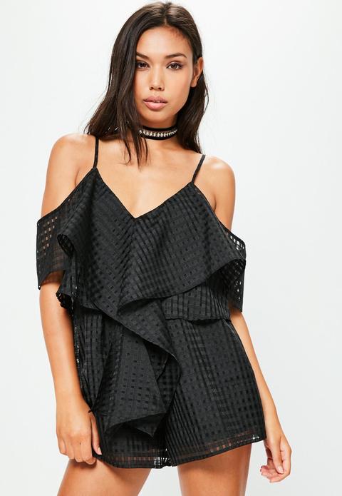 Black Sheer Strappy Frill Playsuit