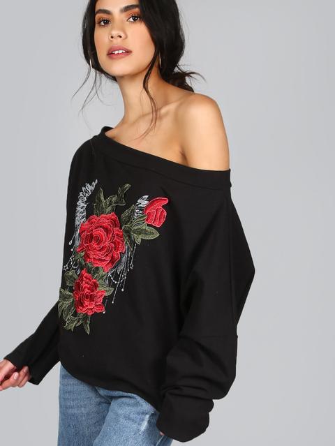 3d Embroidered Floral Bardot Pullover