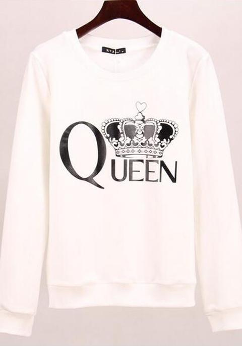 White Monogram Pattern Round Neck Streetwear Cotton Pullover Sweatshirt