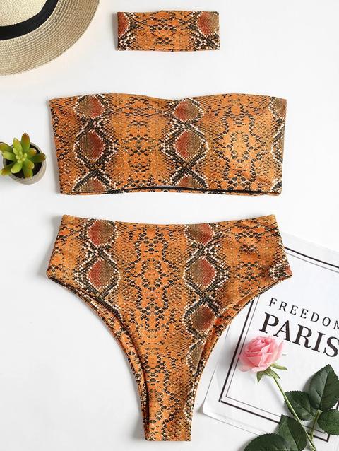 Bikini A Fascia Tagliato Alto Stampato Serpente Con Choker