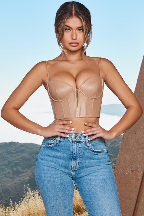 Zip Into Shape Faux Leather Underwired Bustier Crop Top In Stone