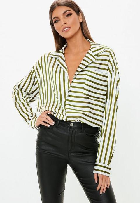 Khaki Oversized Satin Stripe Shirt, Khaki