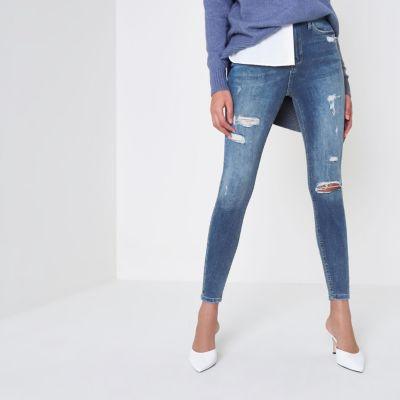 Mid Blue Rip Harper High Waisted Skinny Jeans