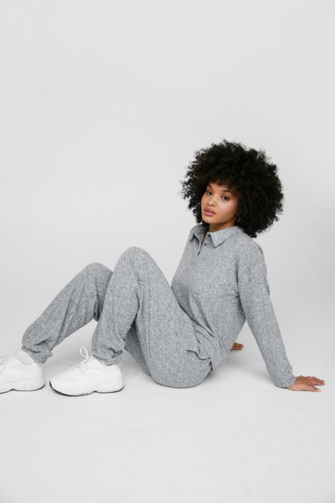 Womens Polo Shirt Jumper And Joggers Lounge Set