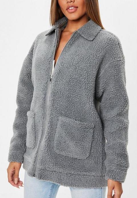 Grey oversized borg 2025 zip through teddy jacket