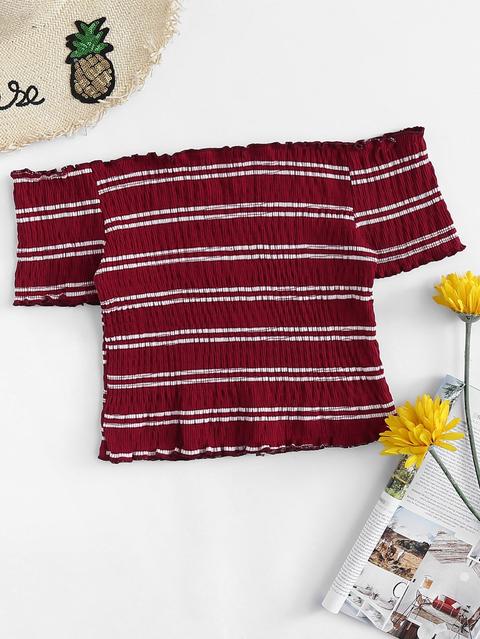 Lettuce Edge Shirred Striped Bardot Crop Top