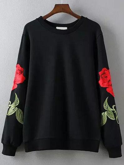 Sudadera Con Bordado De Rosa Con Cuello Redondo - Negro