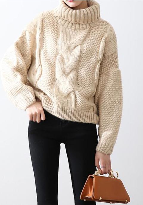 Beige High Neck Casual Long Sleeve Thick Pullover Sweater