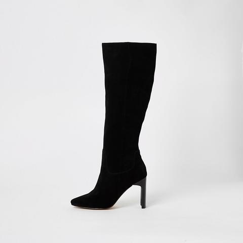 Black Suede Knee High Heeled Boots