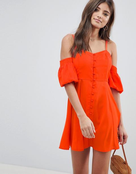 Asos Design - Vestitino Estivo Con Spalle Scoperte E Maniche A Sbuffo - Rosso