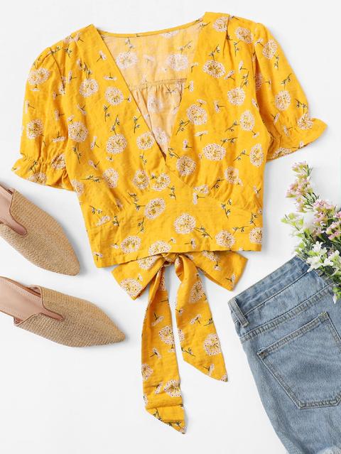 Blusa De Espalda Con Nudo Con Estampado De Diente De León