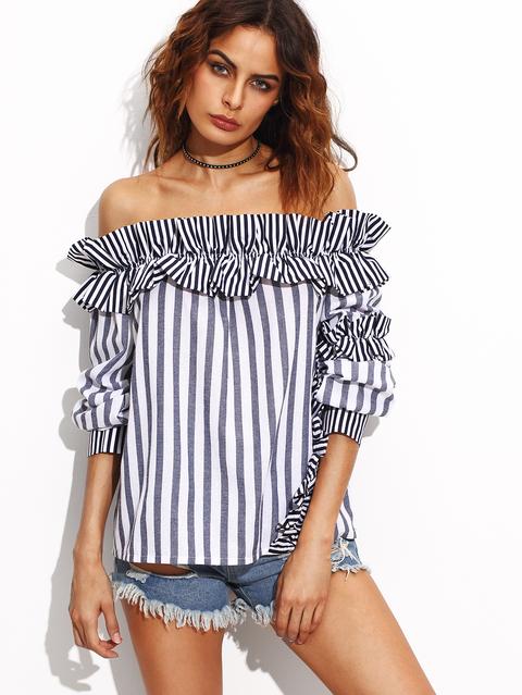 Vertical Striped Bardot Top With Frill Detail