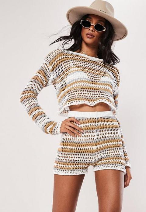 White Tonal Stripe Crochet Cropped Co Ord Jumper, White