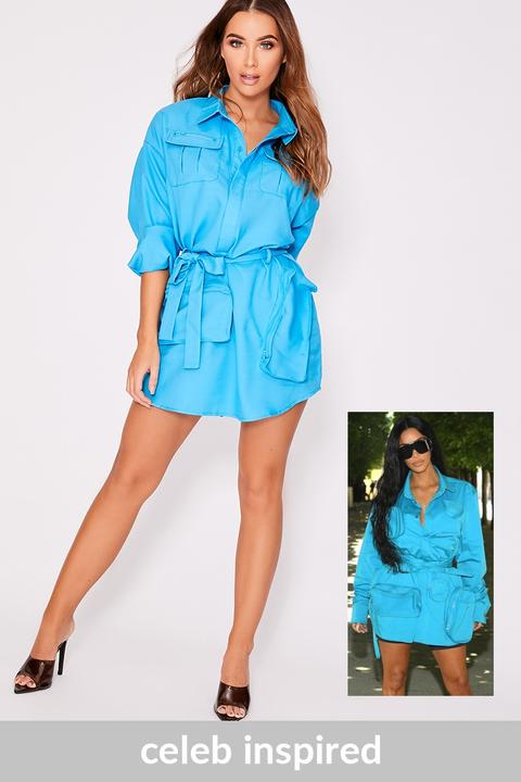 Blue Dresses - Kym Blue Multi Pocket Utility Shirt Dress