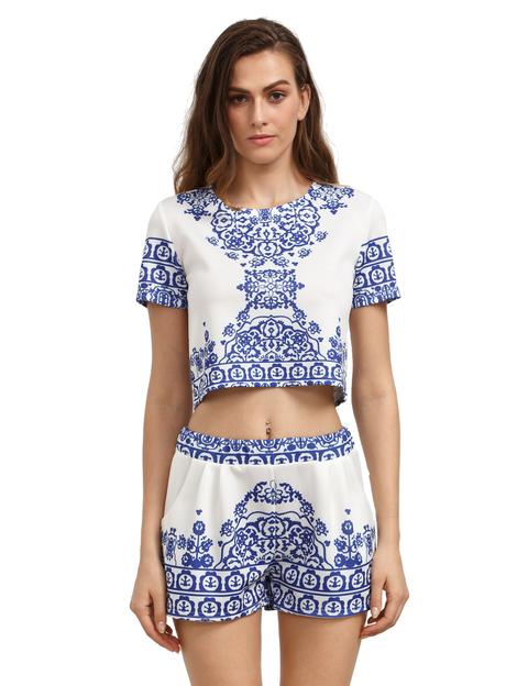 Blue White Short Sleeve Floral Crop Top With Shorts