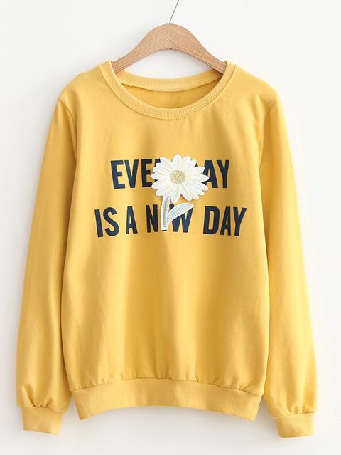 Flower Patch & Slogan Print Sweatshirt